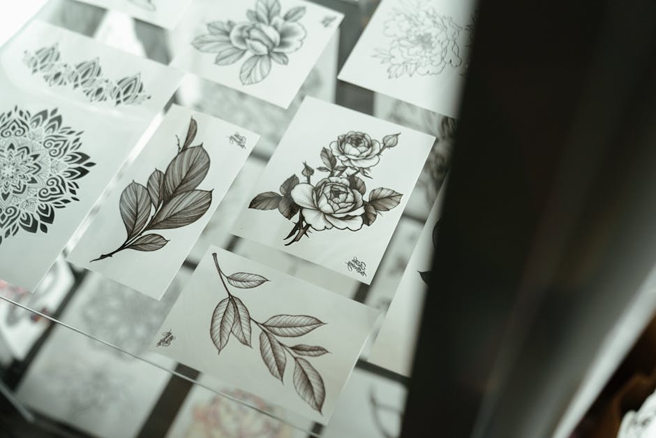 Intricate floral and abstract tattoo design sheets displayed in a tattoo studio.