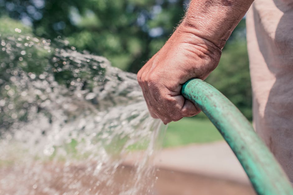 A close-up of a hand holding a hose, watering a garden outdoors during the day.