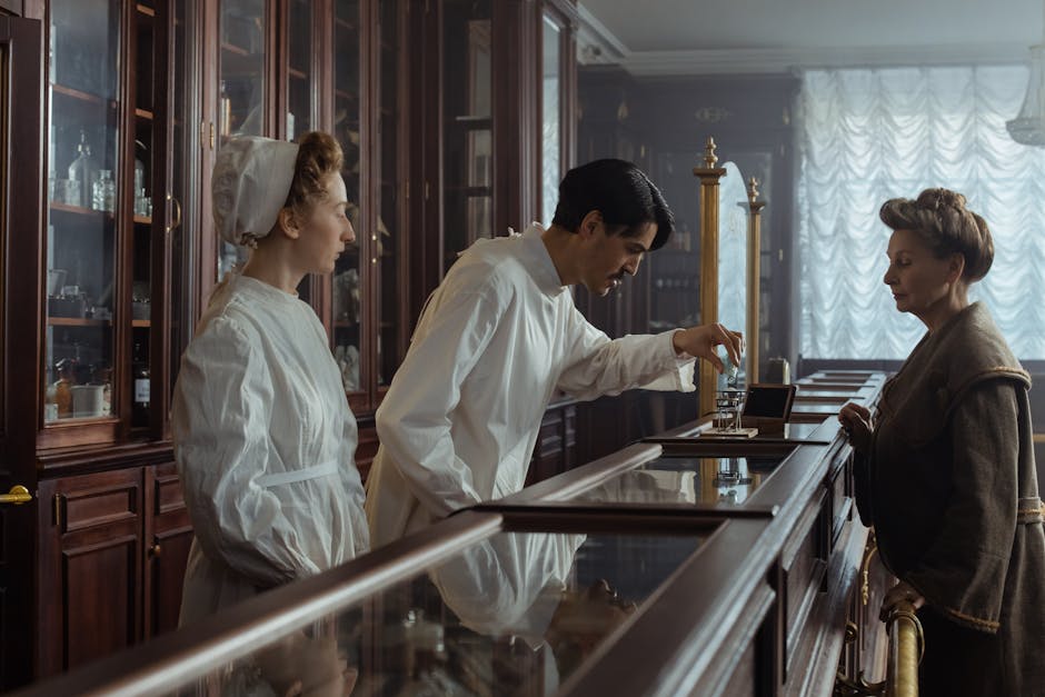 A classic vintage pharmacy scene with a pharmacist and customer interacting over a counter.