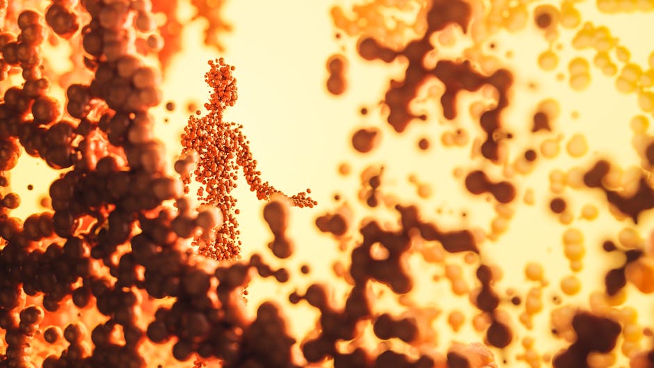3D rendered digital artwork featuring an abstract human form composed of orange molecules.